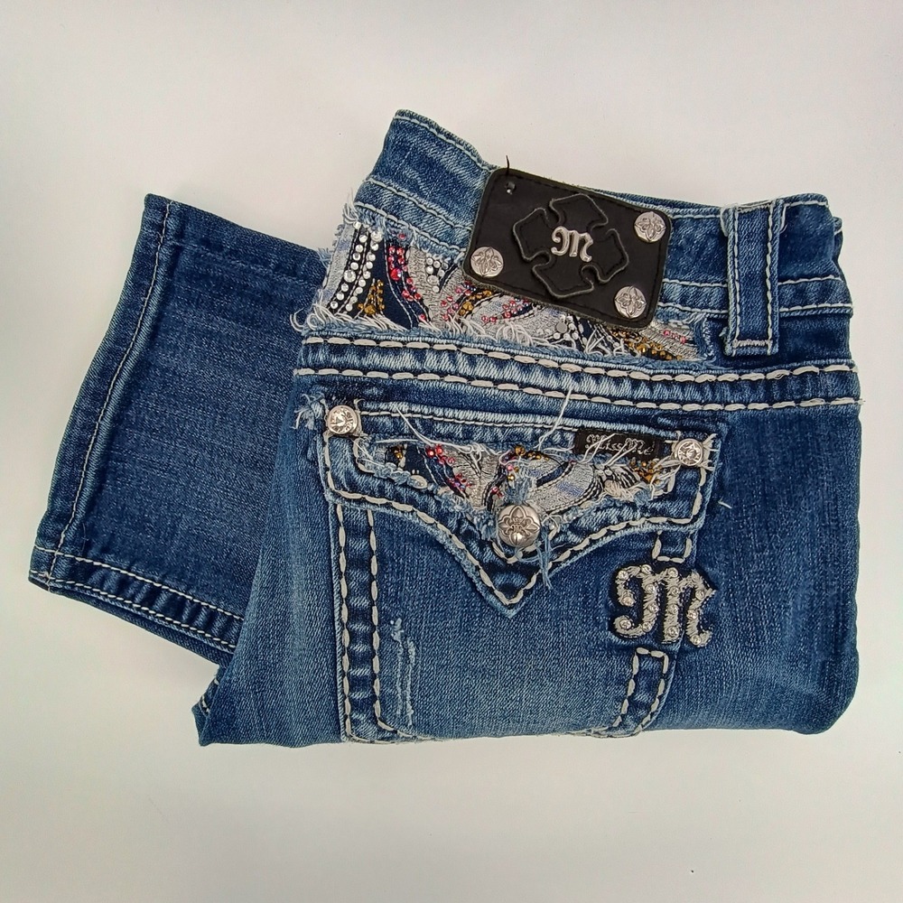 Miss Me Paisley Embroidered Cuffed Capri Jeans Women Size 31 Y2K Rhinestone